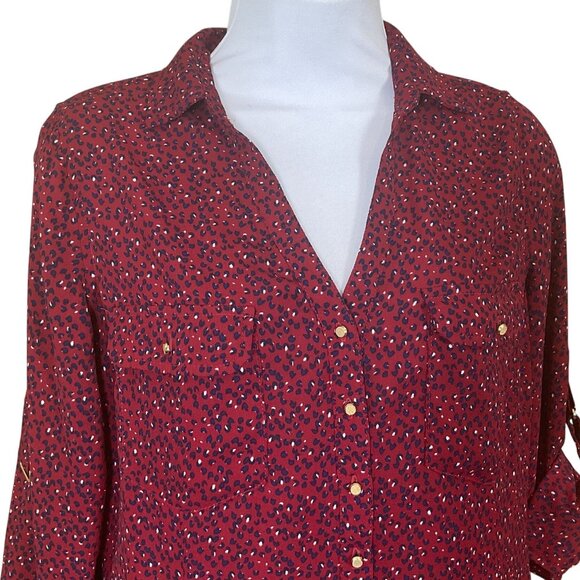 Skies Are Blue Roll Tab Sleeve V-Neck Burgundy Navy Button Front Blouse XS - Picture 2 of 8